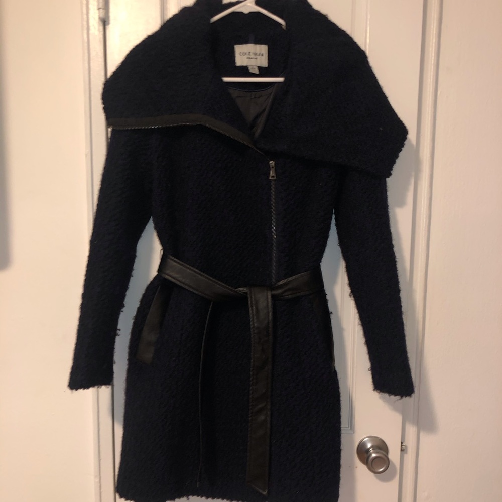 Cole Haan Navy back coat with leather belt size 6